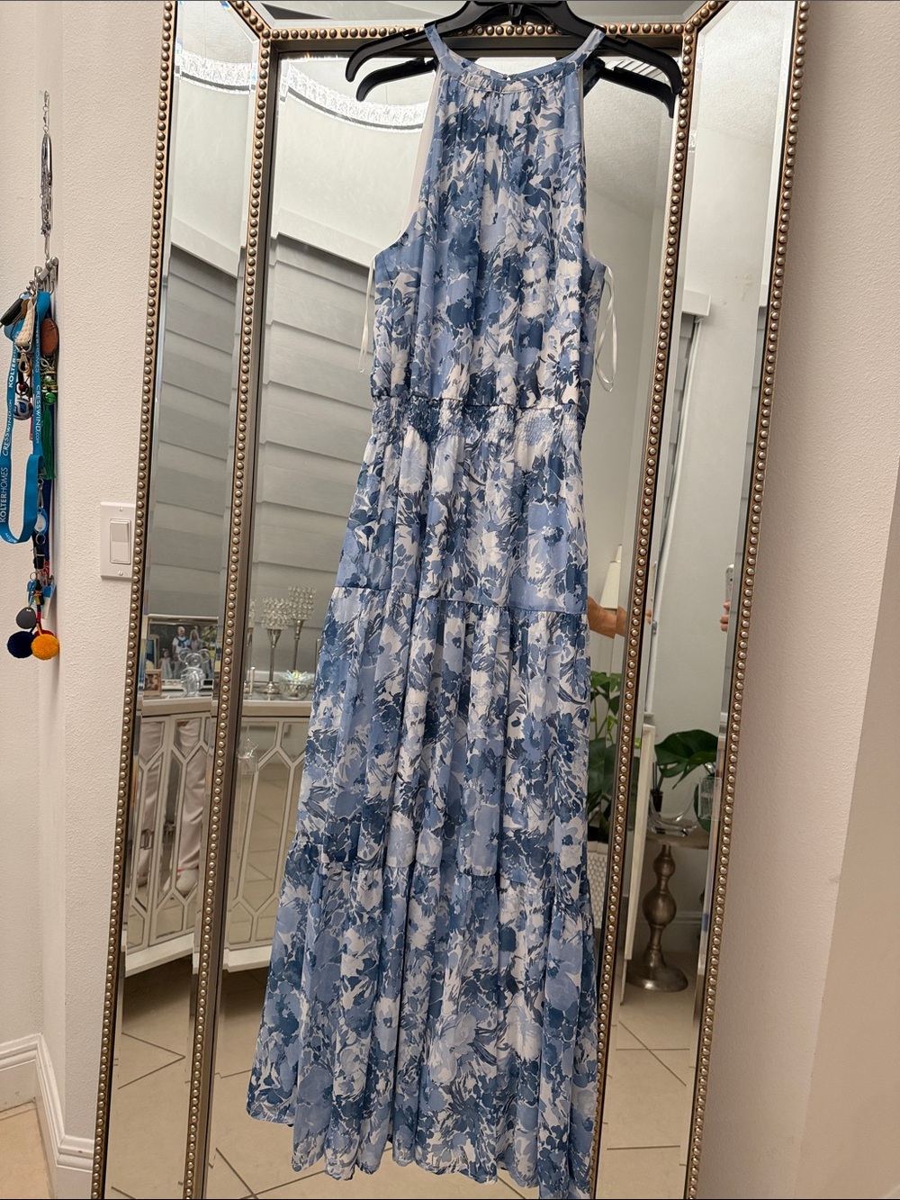Chetta B White and Light Blue Floral Dress Label